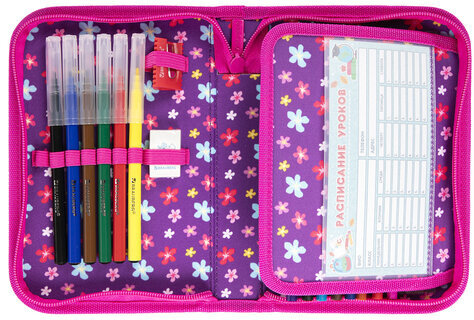 Пенал BRAUBERG с наполнением, 1 отделение, 1 откидная планка, 24 предмета, полиэстер, 21х14 см, "Charming kitten", 270722