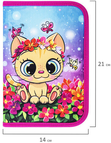 Пенал BRAUBERG с наполнением, 1 отделение, 1 откидная планка, 24 предмета, полиэстер, 21х14 см, "Charming kitten", 270722