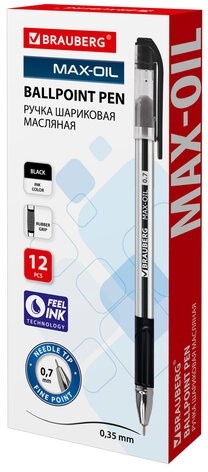 Ручка шариковая масляная с грипом BRAUBERG "Max-Oil", ЧЕРНАЯ, игольчатый узел 0,7 мм, линия письма 0,35 мм, 142142