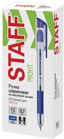 Ручка шариковая масляная с грипом STAFF "OBP-279", СИНЯЯ, игольчатый узел 0,7 мм, линия письма 0,35 мм, 142988