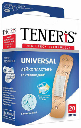 Набор пластырей 20 шт. TENERIS UNIVERSAL универсальный на полимерной основе, бактерицидный с ионами серебра, коробка с европодвесом, 0208-006