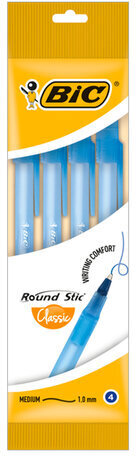 Ручки шариковые BIC &quot;Round Stic&quot;, НАБОР 4 шт., СИНИЕ, узел 1 мм, линия письма 0,32 мм, пакет, 944176