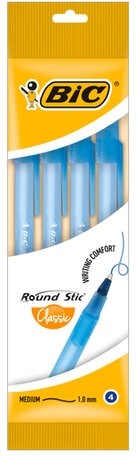 Ручки шариковые BIC "Round Stic", НАБОР 4 шт., СИНИЕ, узел 1 мм, линия письма 0,32 мм, пакет, 944176