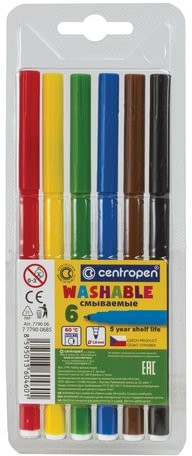 Фломастеры 6 ЦВЕТОВ CENTROPEN "Washable", смываемые, вентилируемый колпачок, 7790/6TP, 7 7790 0685