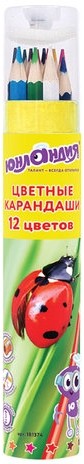 Карандаши цветные ЮНЛАНДИЯ "МИР ЖИВОТНЫХ", 12 цветов, классические в тубусе с точилкой, 181374