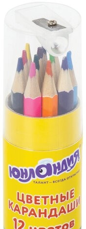 Карандаши цветные ЮНЛАНДИЯ "МИР ЖИВОТНЫХ", 12 цветов, классические в тубусе с точилкой, 181374