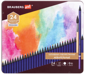 Карандаши художественные цветные акварельные BRAUBERG ART PREMIERE, 24 цвета, грифель 4 мм, металл, 181534