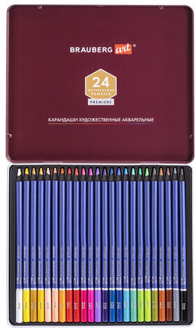 Карандаши художественные цветные акварельные BRAUBERG ART PREMIERE, 24 цвета, грифель 4 мм, металл, 181534