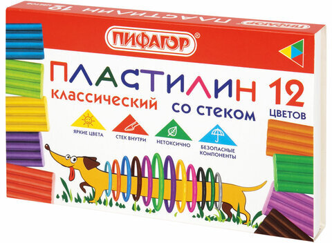 Пластилин классический ПИФАГОР "Веселая такса", 12 цветов, 180 г, СО СТЕКОМ, 106675