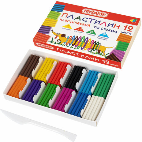 Пластилин классический ПИФАГОР "Веселая такса", 12 цветов, 180 г, СО СТЕКОМ, 106675