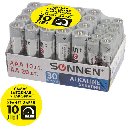 Батарейки КОМПЛЕКТ 30 (20+10) шт., SONNEN Alkaline, AA+ААА (LR6+LR03), в коробке, 455097