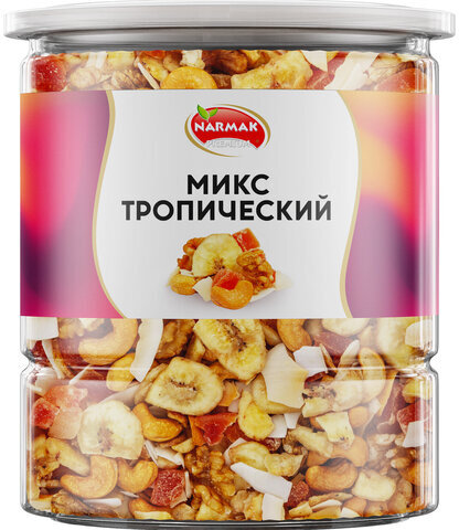 Орехи и сухофрукты NARMAK "Микс Тропический", грецкий орех, кешью, кокос, банан, цукаты, 400 г