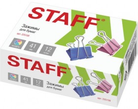 Зажимы для бумаг STAFF "Profit", КОМПЛЕКТ 12 шт., 41 мм, на 200 листов, цветные, картонная коробка, 225159
