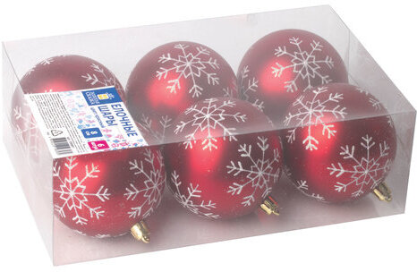 Шары елочные ЗОЛОТАЯ СКАЗКА, НАБОР 6 шт., пластик, 8 см, с белым рисунком, цвет красный, 590891