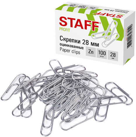 Скрепки STAFF, 28 мм, оцинкованные, 100 шт., в картонной коробке, 270451