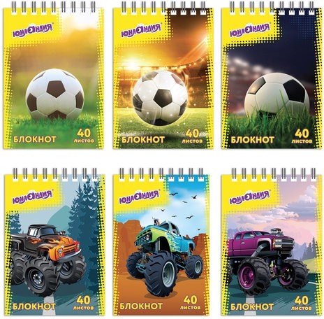 Блокнот МАЛЫЙ ФОРМАТ (75х105 мм) А7, 40 л., гребень, картон, клетка, ЮНЛАНДИЯ, "МОНСТР-ТРАК"/"ФУТБОЛ", 129859