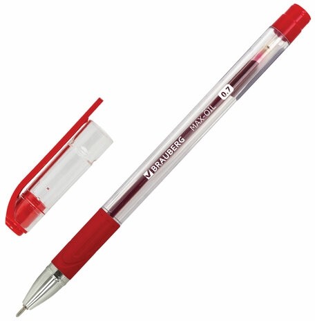 Ручка шариковая масляная с грипом BRAUBERG "Max-Oil", КРАСНАЯ, игольчатый узел 0,7 мм, линия письма 0,35 мм, 142143