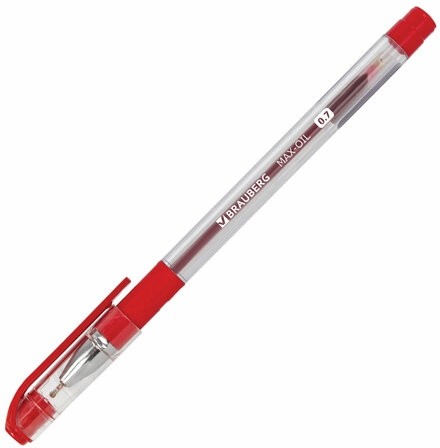 Ручка шариковая масляная с грипом BRAUBERG "Max-Oil", КРАСНАЯ, игольчатый узел 0,7 мм, линия письма 0,35 мм, 142143