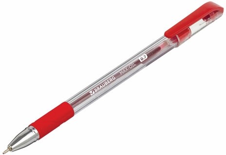 Ручка шариковая масляная с грипом BRAUBERG "Max-Oil", КРАСНАЯ, игольчатый узел 0,7 мм, линия письма 0,35 мм, 142143