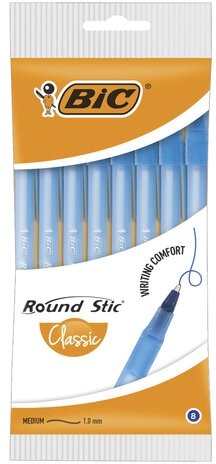 Ручки шариковые BIC "Round Stic", НАБОР 8 шт., СИНИЕ, узел 1 мм, линия письма 0,32 мм, пакет, 928497