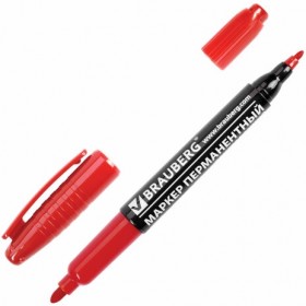 Маркер перманентный (нестираемый) BRAUBERG двусторонний, КРАСНЫЙ, круглый наконечник, 2-4 мм, 150838