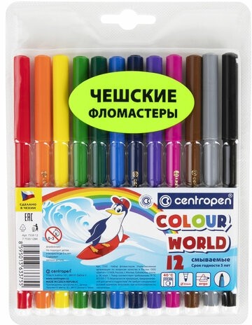 Фломастеры 12 ЦВЕТОВ CENTROPEN "Colour World", круглые, смываемые, 7550/12TP, 7 7550 1284