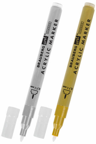 Маркеры акриловые для рисования и хобби, 2 цвета ЗОЛОТО/СЕРЕБРО, линия 0,7-1 мм, BRAUBERG ART, 152528