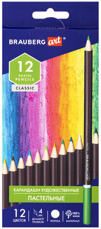 Карандаши художественные цветные пастельные BRAUBERG ART CLASSIC, 12 цветов, грифель 4 мм, 181535