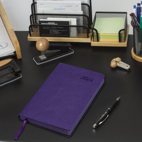 Ежедневник датированный 2024 А5 138x213 мм BRAUBERG "Stylish", под кожу, гибкий, фиолетовый, 114892