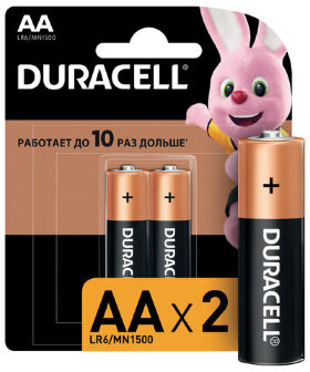Батарейки КОМПЛЕКТ 2 шт., DURACELL Basic, AA (LR06, 15А), алкалиновые, пальчиковые, блистер