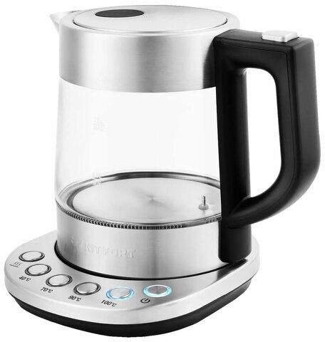 Чайник KITFORT КТ-648, 1 л, 2200 Вт, закрытый нагревательный элемент, ТЕРМОРЕГУЛЯТОР, стекло, серебристый