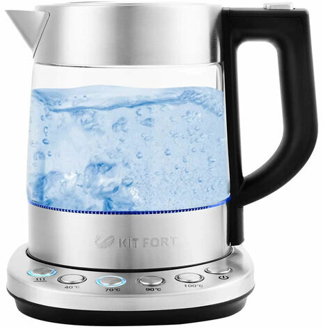 Чайник KITFORT КТ-648, 1 л, 2200 Вт, закрытый нагревательный элемент, ТЕРМОРЕГУЛЯТОР, стекло, серебристый