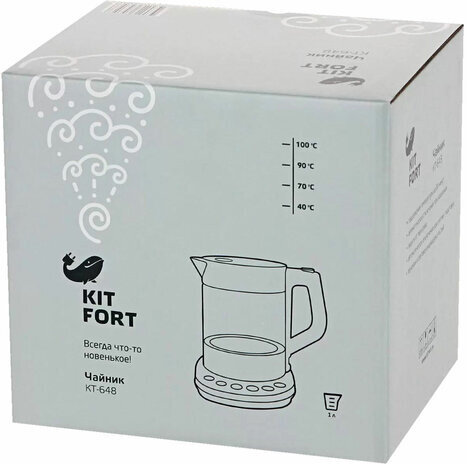 Чайник KITFORT КТ-648, 1 л, 2200 Вт, закрытый нагревательный элемент, ТЕРМОРЕГУЛЯТОР, стекло, серебристый