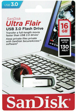 Флеш-диск 16 GB, SANDISK Ultra Flair, USB 3.0, металлический корпус, серебристый, SDCZ73-016G-G46