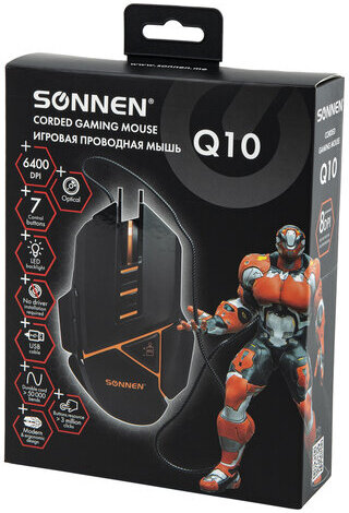 Мышь проводная игровая SONNEN Q10, 7 кнопок, 6400 dpi, LED-подсветка, черная, 513522