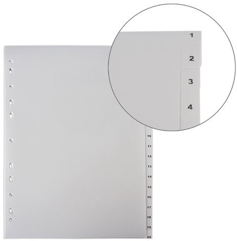 Разделитель пластиковый ОФИСМАГ, А4, 20 листов, цифровой 1-20, оглавление, серый, РОССИЯ, 225604