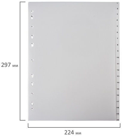 Разделитель пластиковый ОФИСМАГ, А4, 20 листов, цифровой 1-20, оглавление, серый, РОССИЯ, 225604