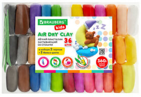 Пластилин супер лёгкий застывающий 36 шт. (32 цвета + 2 белых + 2 черных) 360 г, 3 стека, BRAUBERG KIDS, 106309
