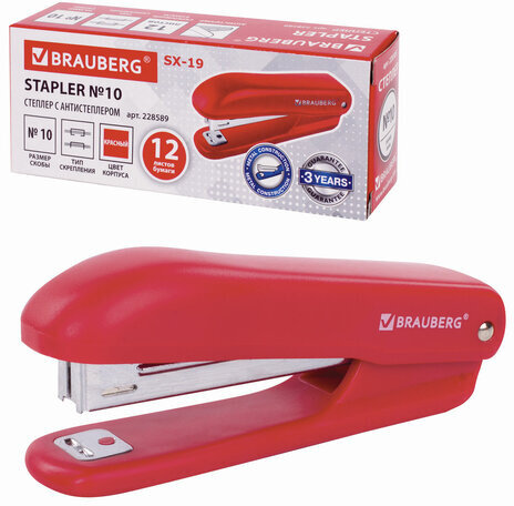 Степлер №10 BRAUBERG "SX-19", до 12 листов, с антистеплером, красный, 228589