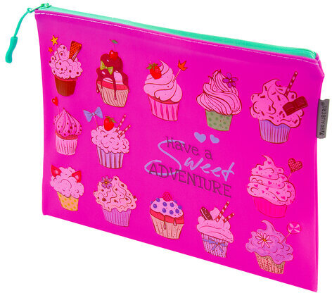 Папка для тетрадей A5 BRAUBERG, мягкий, водонепроницаемая молния, "Cupcakes", 25х20 см, 229260