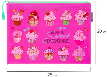Папка для тетрадей A5 BRAUBERG, мягкий, водонепроницаемая молния, "Cupcakes", 25х20 см, 229260