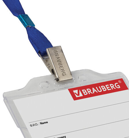Бейдж горизонтальный (55х85 мм), на синей ленте 45 см, твердый пластик, BRAUBERG, 232138