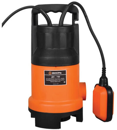 Дренажный насос для грязной воды ВИХРЬ ДН-750, 750 Вт, 255 л/мин, погружной, 68/2/2