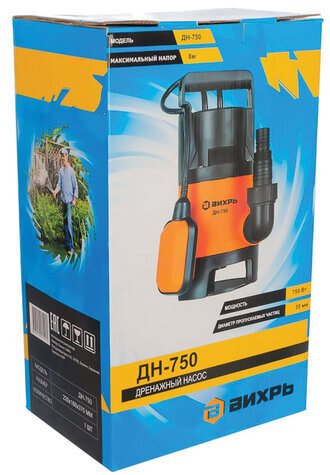 Дренажный насос для грязной воды ВИХРЬ ДН-750, 750 Вт, 255 л/мин, погружной, 68/2/2
