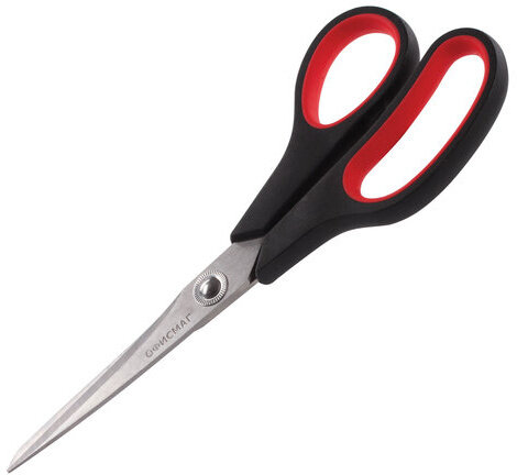 Ножницы ОФИСМАГ "Soft Grip", 216 мм, резиновые вставки, черно-красные, 3-х сторонняя заточка, в картонная упаковка с европодвесом, 231523
