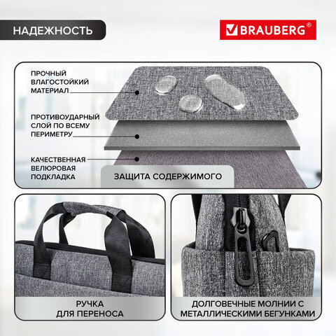 Сумка-портфель BRAUBERG "Ultra" с отделением для ноутбука 15,6", темно-серая, 28х39х3 см, 270834