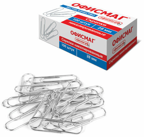 Скрепки ЭКСТРА ОФИСМАГ 28 мм никелированные 100 штук, 271315
