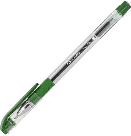 Ручка шариковая масляная с грипом BRAUBERG "Max-Oil", ЗЕЛЕНАЯ, игольчатый узел 0,7 мм, линия письма 0,35 мм, 142144