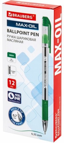 Ручка шариковая масляная с грипом BRAUBERG "Max-Oil", ЗЕЛЕНАЯ, игольчатый узел 0,7 мм, линия письма 0,35 мм, 142144