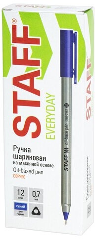Ручка шариковая масляная STAFF EVERYDAY OBP-290, СИНЯЯ, трехгранная, узел 0,7 мм, линия письма 0,35 мм, 142996